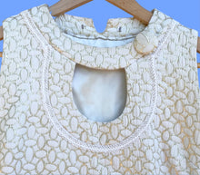 Load image into Gallery viewer, 1960&#39;s gogo style dress with gold embroidered fabric and cut out neck detail
